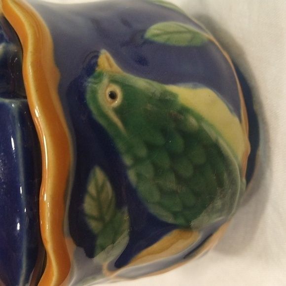 Henriksen Navy blue majolica jam sugar pot bird branches hand painted stoneware - Picture 5 of 8
